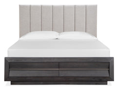 Magnussen Furniture Wentworth Village California King Upholstered Bed with Storage Footboard in Sandblasted Oxford Black image