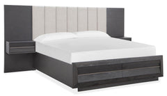 Magnussen Furniture Wentworth Village King Wall Upholstered Bed with Storage Footboard in Sandblasted Oxford Black