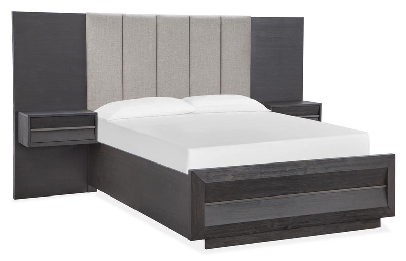 Magnussen Furniture Wentworth Village Queen Wall Upholstered Bed with Storage Footboard in Sandblasted Oxford Black