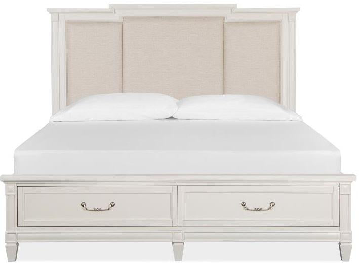 Magnussen Furniture Willowbrook Cal King Storage Bed with Upholstered Headboard in Egg Shell White