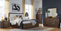 Magnussen Furniture Nouvel King Panel Bed w/Upholstered Headboard in Russet