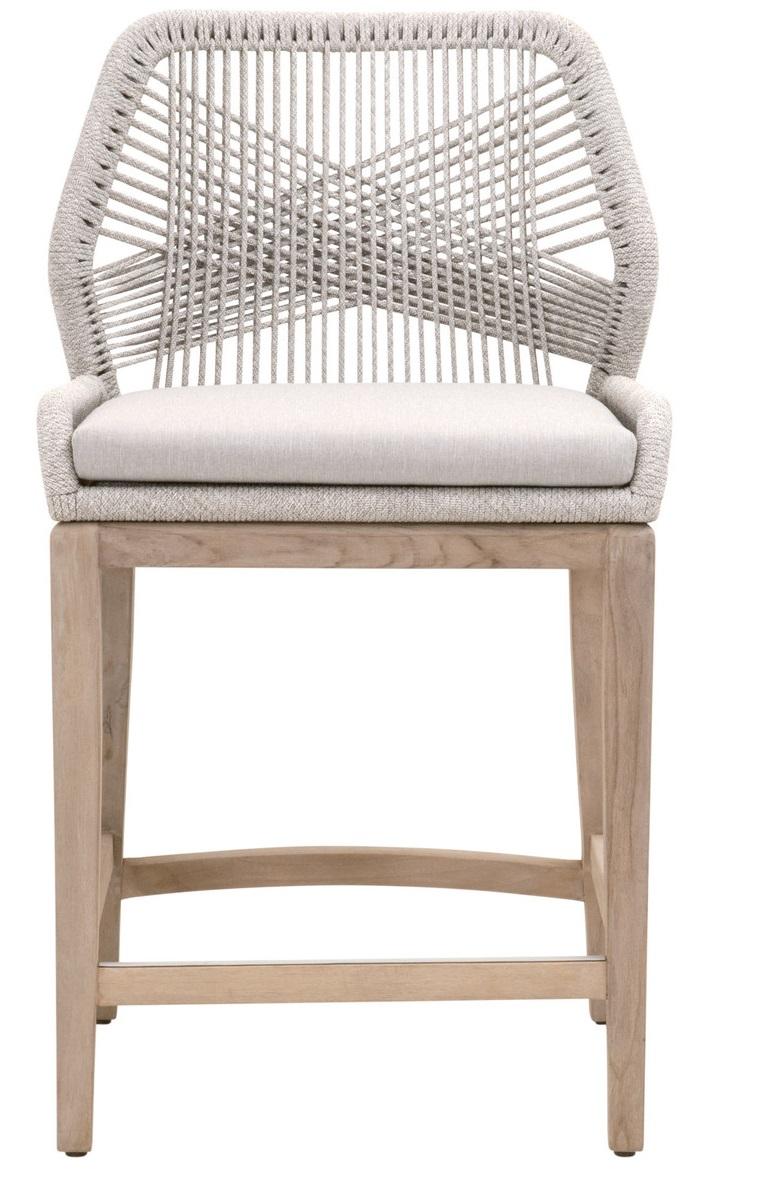 Essentials for Living Woven Loom Outdoor Counter Stool in Taupe and White Flat Rope, Pumice, Gray Teak image