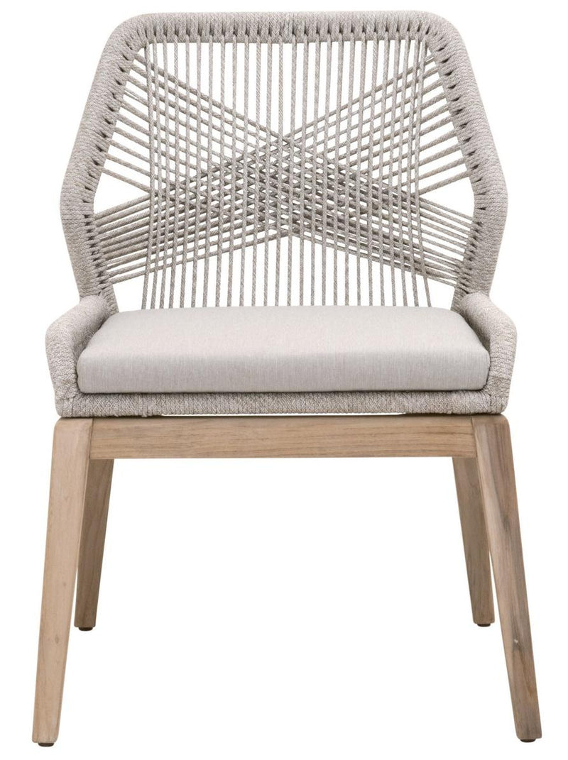 Essentials for Living Woven Loom Outdoor Dining Chair in Taupe and White Flat Rope, Pumice, Gray Teak Set of 2 image