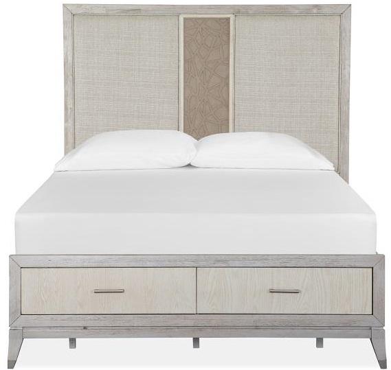 Magnussen Furniture Lenox Queen Storage Bed with Upholstered PU Fretwork Headboard in Acadia White image