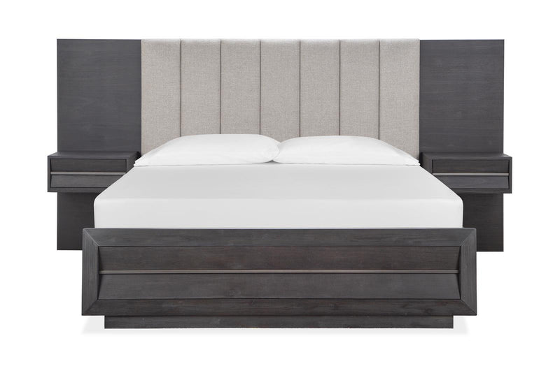 Magnussen Furniture Wentworth Village California King Wall Upholstered Bed with Wood/Metal Footboard in Sandblasted Oxford Black image