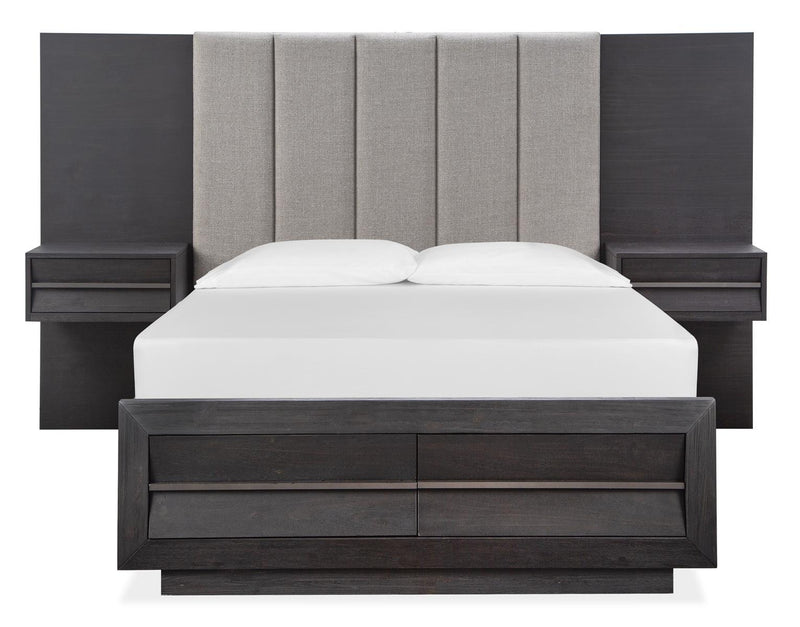 Magnussen Furniture Wentworth Village Queen Wall Upholstered Bed with Storage Footboard in Sandblasted Oxford Black image